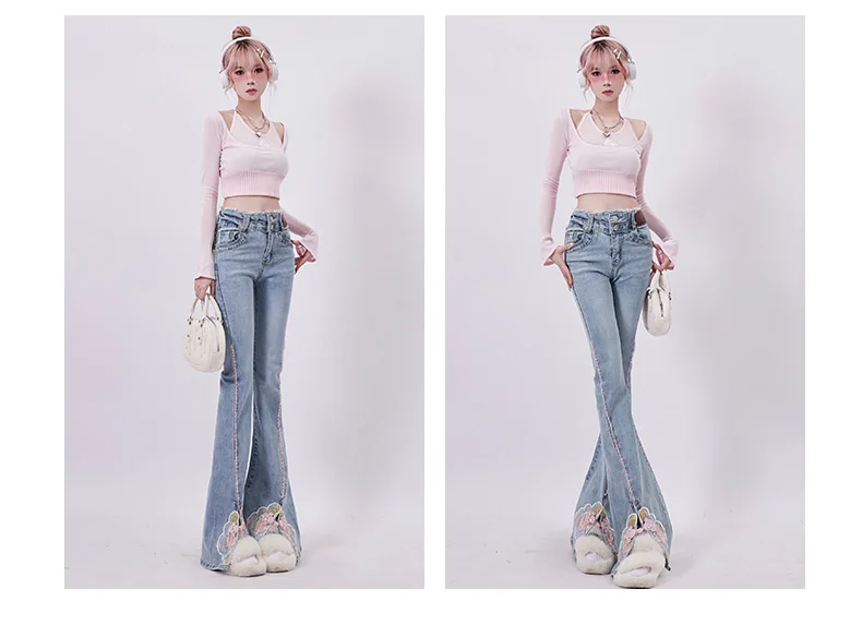 Blue Elegant Jeans Women 2024 Spring Autumn Fashion Retro Embroidery High Waist Slim Flare Pants Sweet Cute Student Mop Pants