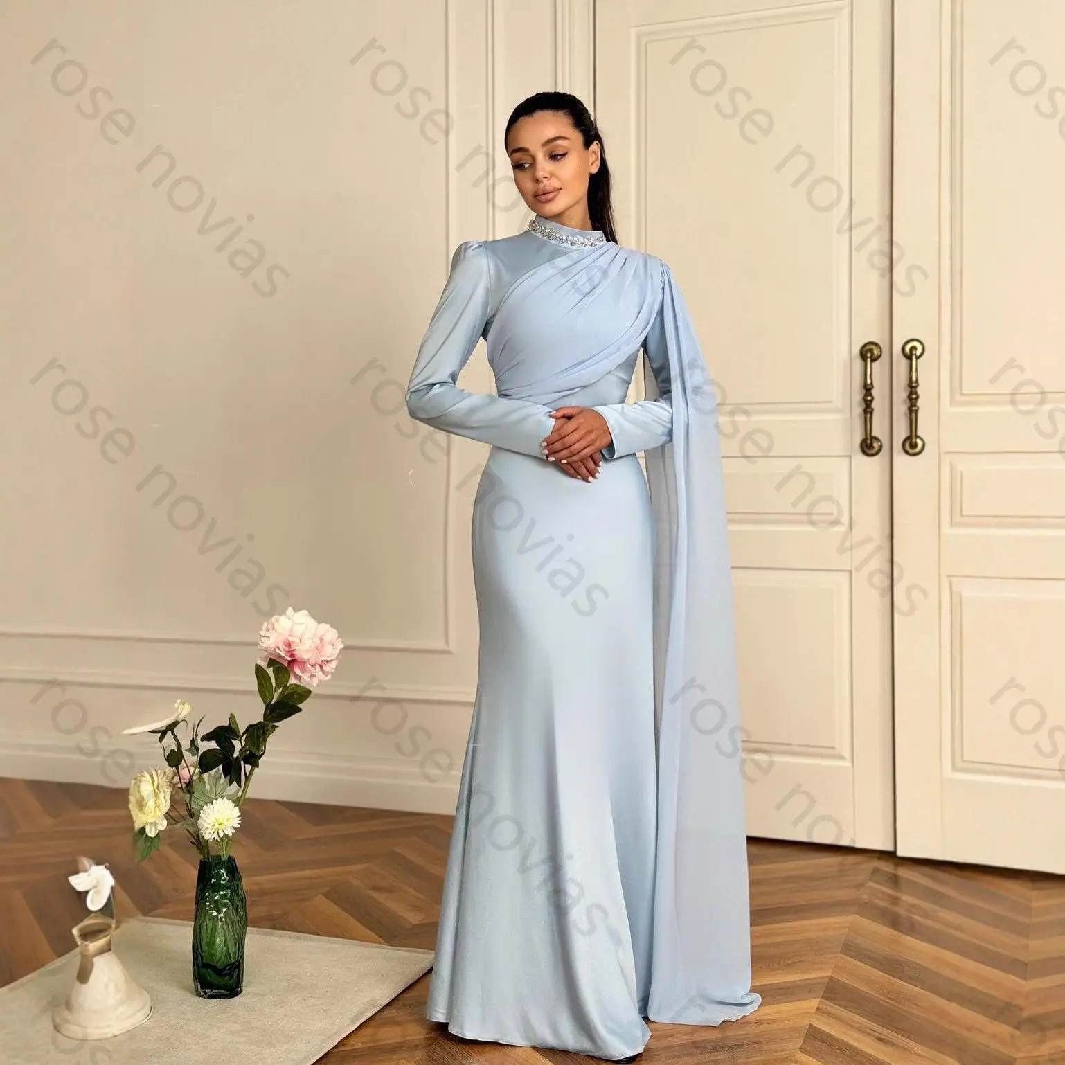 

Customized Sky Blue High Quality Crepe Evening Dresses O-Neck Floor-Length with Crystal for Formal Evening Vestidos De Fiesta