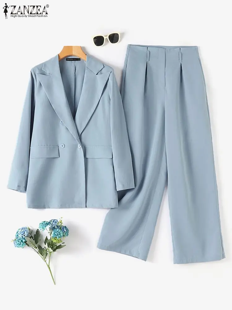 ZANZEA Women 2-Piece Blazer Sets Office Lady Peaked Lapel Blazer Suits Elegant High Waist Trouser 2pcs Outfits Fashion Pant Sets