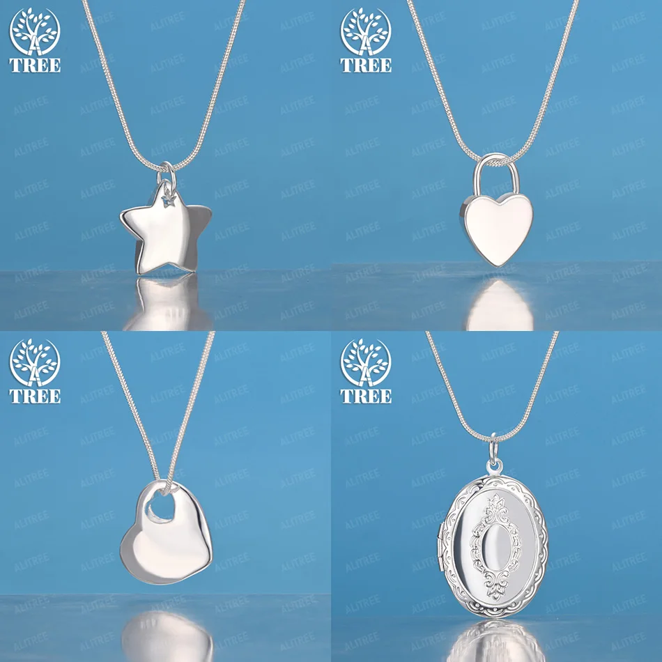 

16-30 Inch 925 Sterling Silver Star Heart Oval Photo Frame Pendant Necklace Women Party Birthday Cute Jewelry Accessories Gift