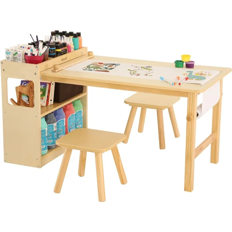 KidsTable con estantes de almacenamiento grandes, escritorio de dibujo, mesa de actividades para niños y mesa de estudio, actividades y manualidades para niños, madera