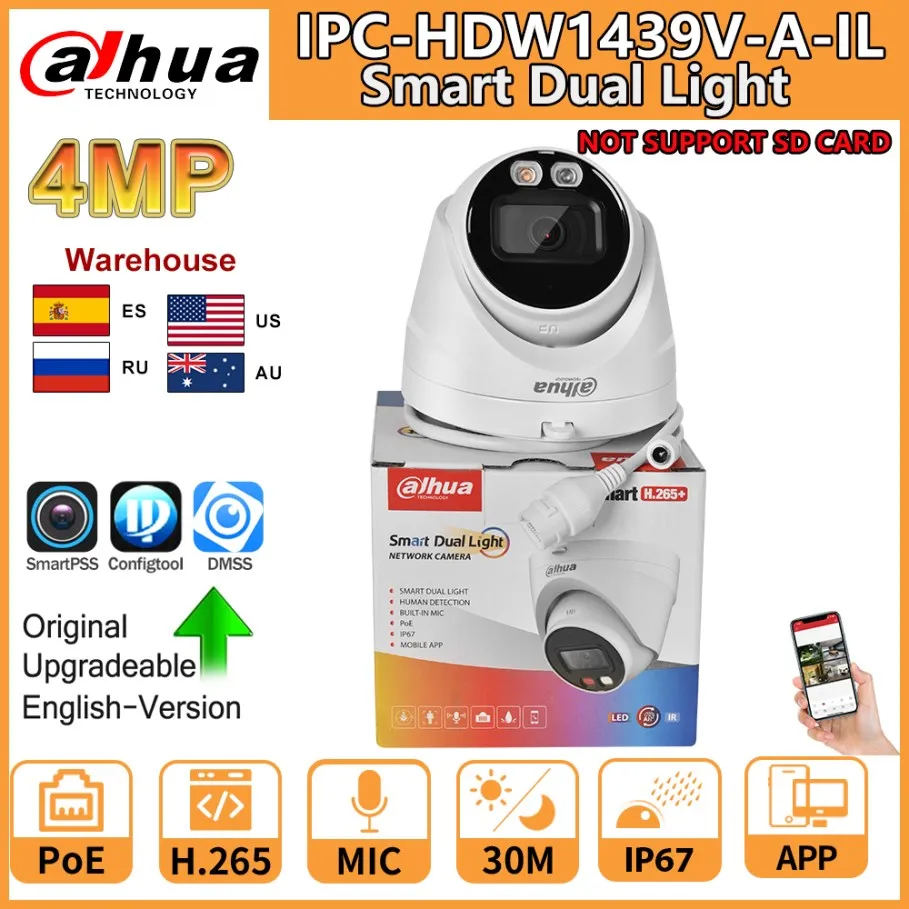 Dahua IP Camera 4MP IPC-HDW1439V-A-IL Smart Dual Light Network Camera IR 30M POE Built-in Mic Human Detection Video Surveillance