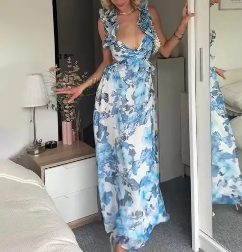 

Summer Backless Slimming, Light Luxury, Sexy Floral Long Dress for Women, Elegant Pleated Deep V-Neck Backless Lace Up Dress