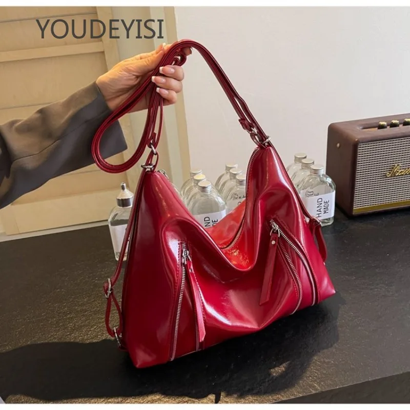 YOUDEYISI Red Silver Premium Textured Women\'s Bag Double Shoulder Textured Muse Double Zipper Double Shoulder Tote Backpack