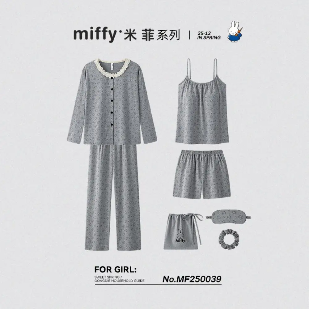 

Miffy, комплект из 5 предметов, серая пижама с рисунком кролика, одежда для сна с длинными короткими рукавами для девочек, милая домашняя одежда с героями мультфильмов, весенняя домашняя одежда