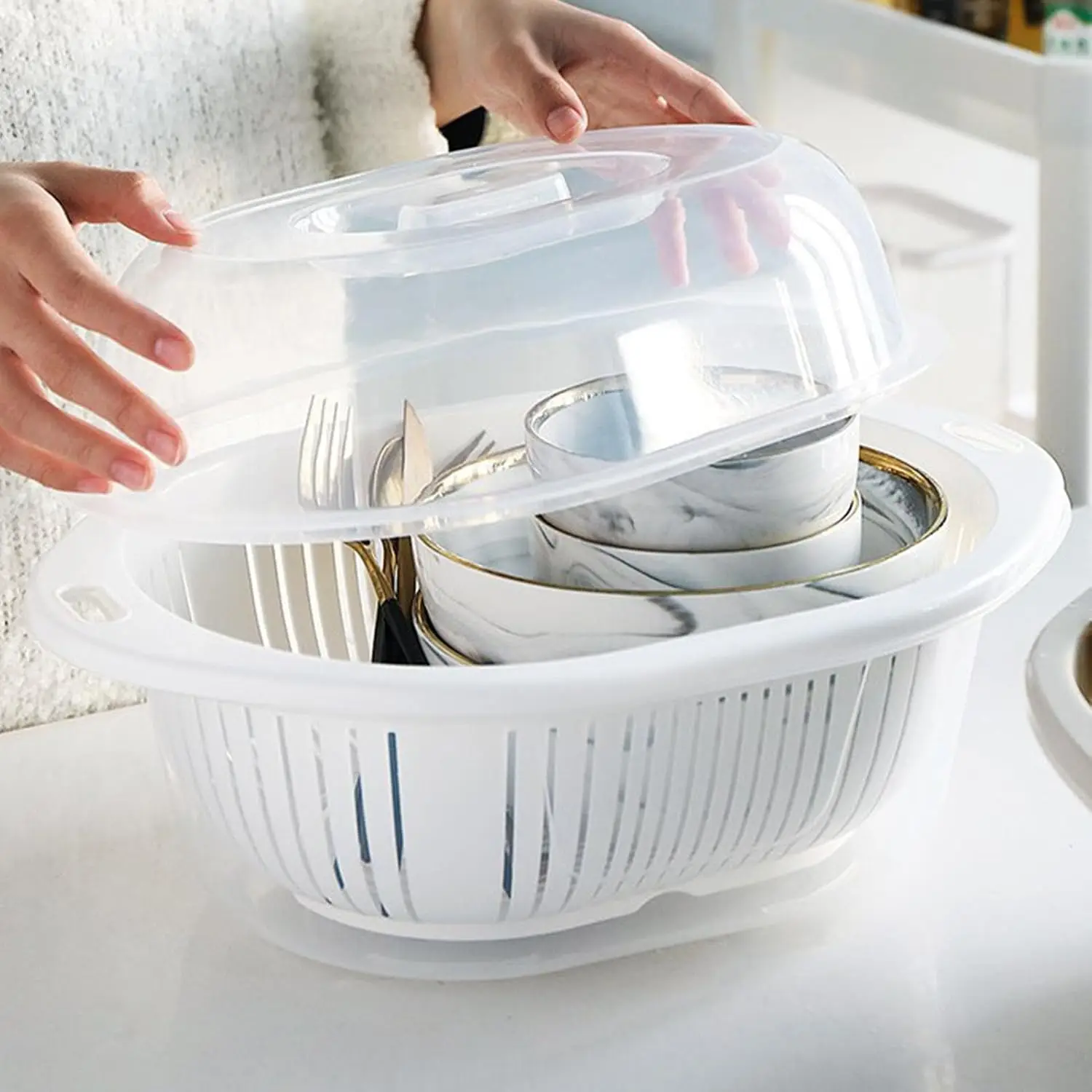 JUOPZKENN Ситечко для фруктов, дуршлаг, набор чаш, двухслойная сливная корзина с прозрачной крышкой, корзина для мытья овощей и фруктов O