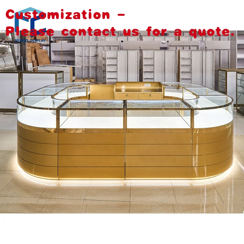 

custom.Shopping Mall Luxury Golden Jewelry Perfume Kiosk Booth Commercial Tempered Glass Perfume Display Cabinet With Led Light