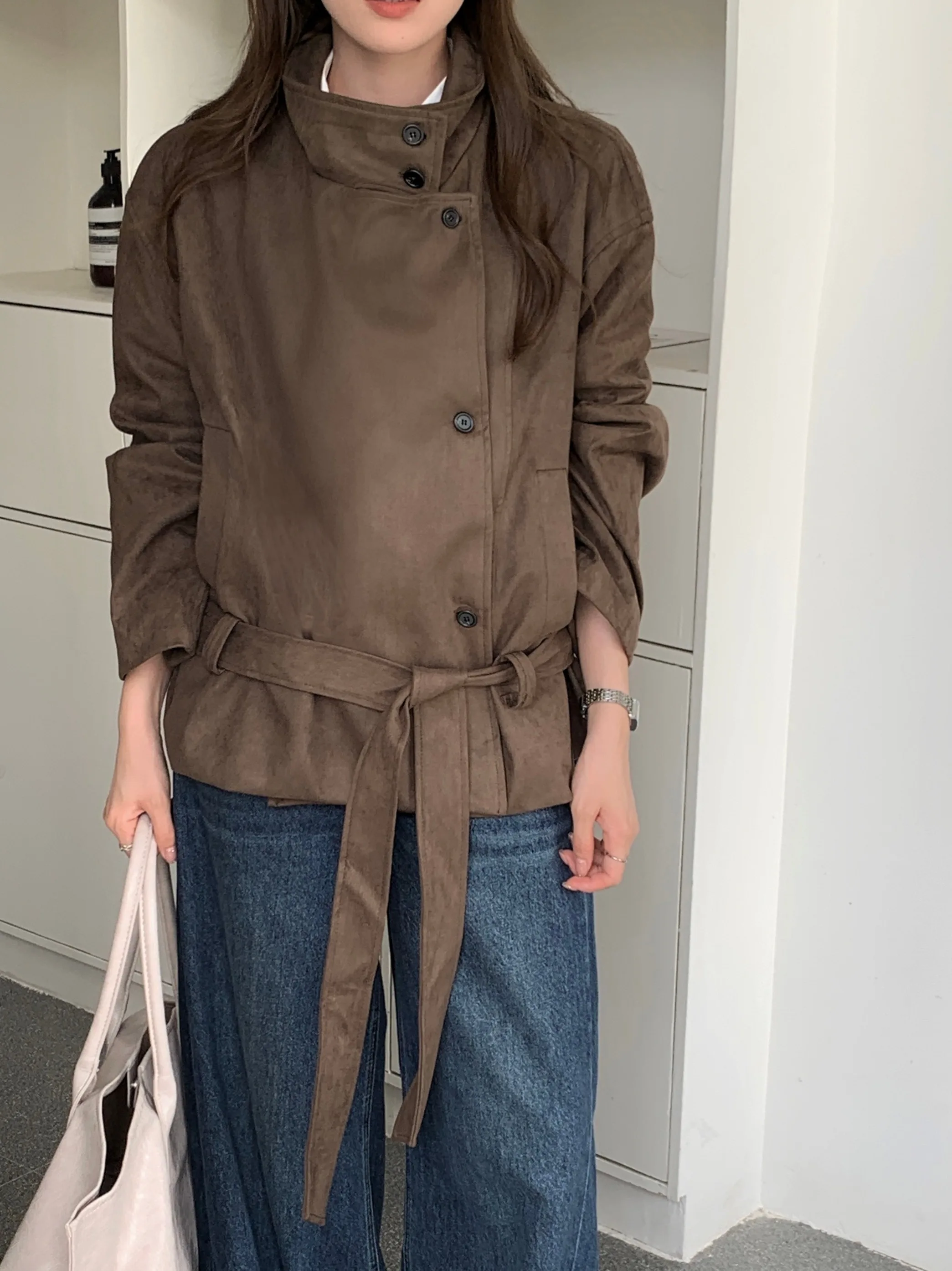 Coreano Sle Colletto alla coreana Button up Dimagrante Donna Inverno Jaet 2025 Nuovo Retro Singolo Bottone Pelle di cervo Velluto Faionable