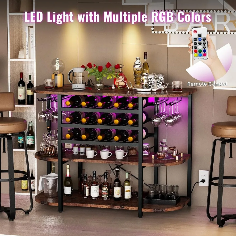 Bar Table Cabinet with Charging Station Wine Rack Freestanding Floor, 47'' Wine Rack Table with LED Light and Storage