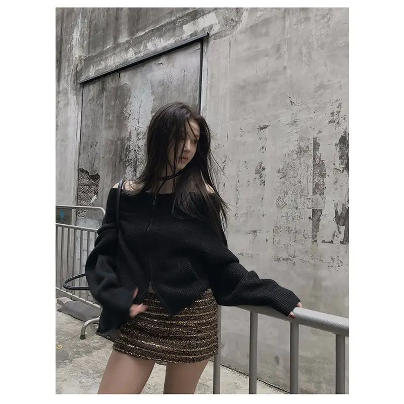 Deeptown vintage sexy fora do ombro camisola feminina estilo coreano marrom zíper cardigan slash neck causal sólido manga longa jumpers