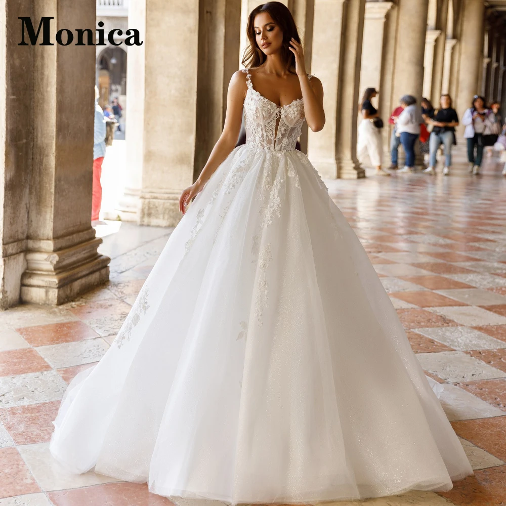 MONICA Vintage Sequin Wedding Dresses for Women Glitter Zipper Spaghetti Straps Lace Appliques Vestido De Casamento Customised