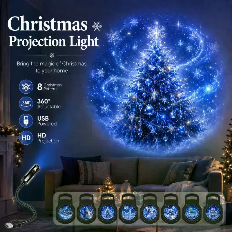 USB Christmas Projection Light 8 Patterns HD 360° Adjustable Snowflake Tree Atmosphere Projector Lamp Indoor Xmas Decor