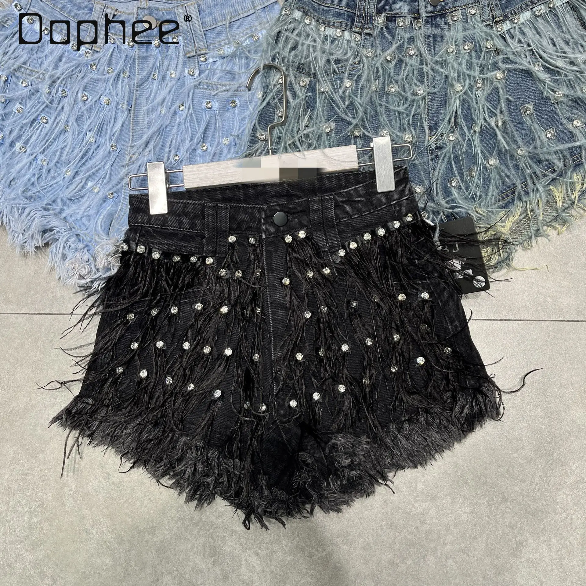 

European Station European American High-end Heavy Industry Beading Ostrich Hair Fringed Denim Shorts Trendy Spice Girl Shorts