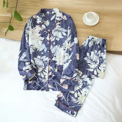 Primavera e outono feminino 100% viscose calças de manga comprida grande floral algodão seda grande tamanho fino cardiganhome serviceshirt conjunto