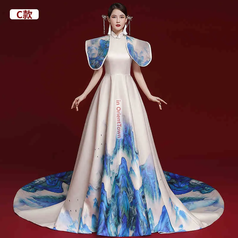 여성 모델 워킹 화려한 치파오 거정 공연 예술 시험 보컬 리딩 가수 의상 앵커우먼 정장 드레스