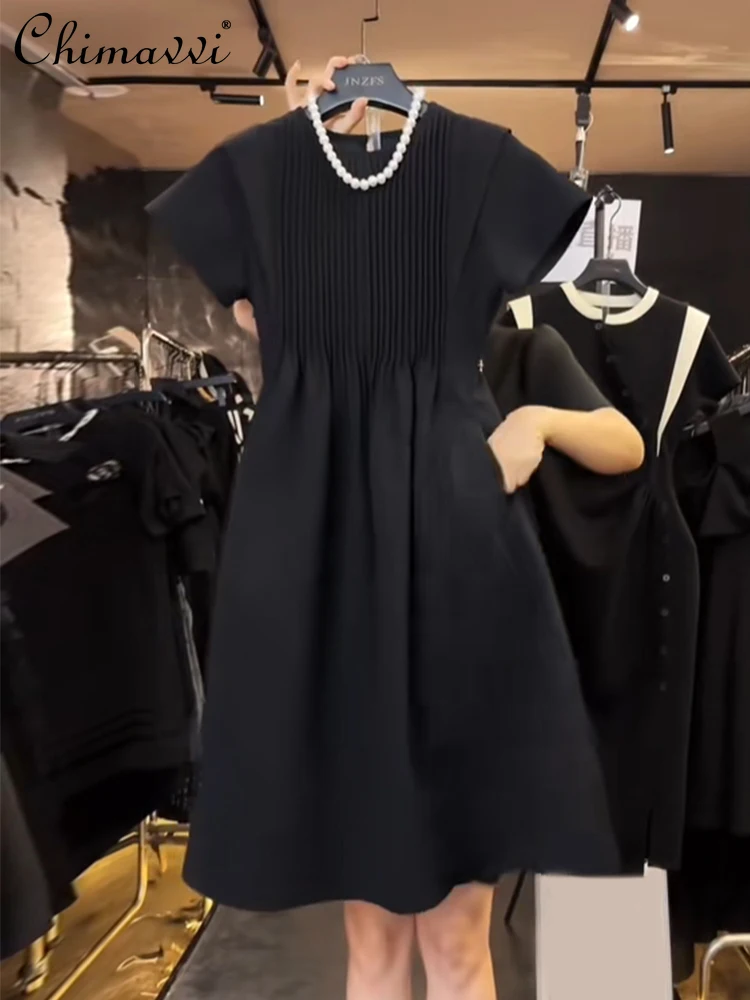 

Black, Short Sleeve Dress Women's 2024 Summer New Fashion Round Neck Pleat Waisted Slimming Temperament A- Line Midi Dress