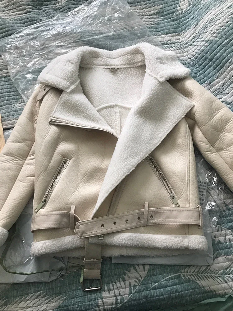 Casacos de inverno mulheres espessura pele de couro falso pele de carneiro feminino jaqueta de couro aviador outwear casaco feminino