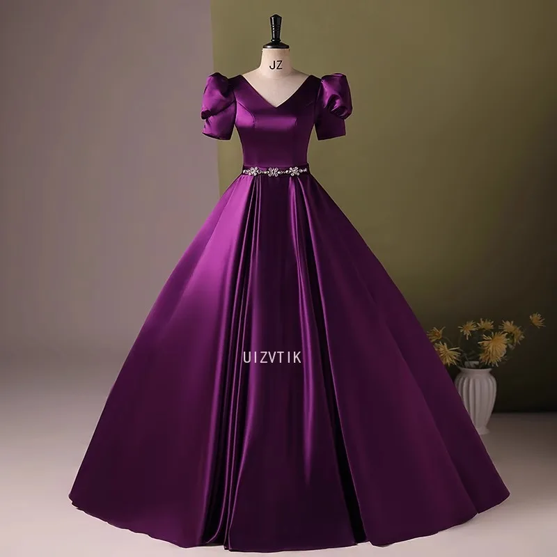 

Purple Short Sleeves Ball Gows Women Quinceanera Dresses Vestidos De 15 Anos XV Vintage Satin Princess Party Evening Customized