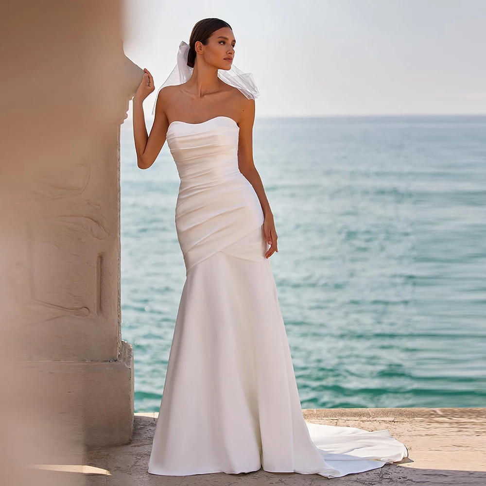 Elegante Liebsten Meerjungfrau Hochzeit Kleid Ärmellosen Weißen Illusion Zurück Strand Brautkleid Für Braut Sweep Zug Robe De Mariee