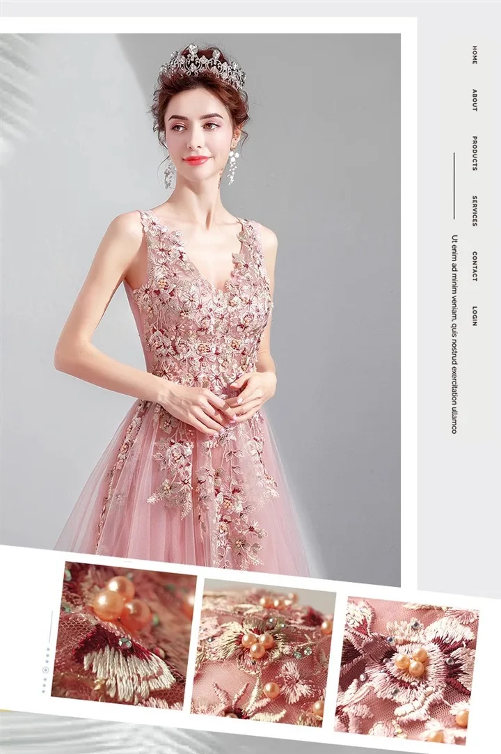 2025年新作 ピンク Vネック エレガント ウェディング 卒業パーティー ドレス