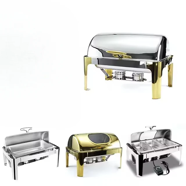 Stainless Steel Glass Lid Chafing Serving Heater Rectangular Roll Top Chafing Dish Buffet Set Set