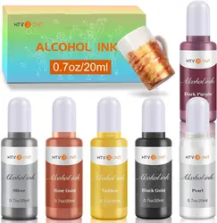 HTVRONT 6 Colors 20ML Metallic Alcohol Ink Set Resin Pigment Kit Liquid Resin Colorant Dye Ink Diffusion UV Epoxy Resin Making