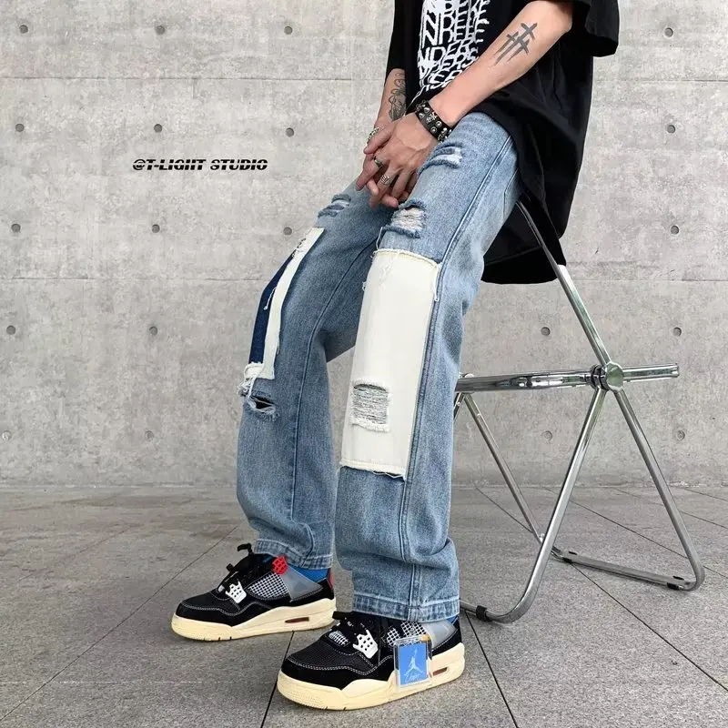 Patchwork Wide Leg Jeans Men Contrast Color Loose Mid Waist Leisure European Style Retro Frayed Fitness Fashion Asymmetrical