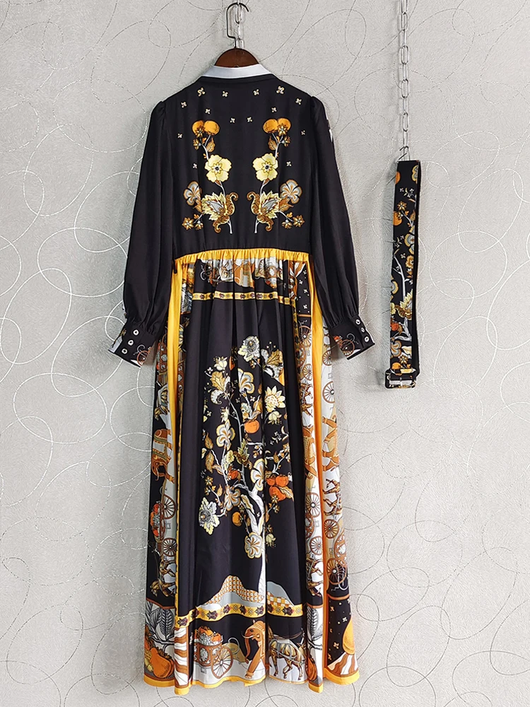 AELESEEN Runway Fashion Long Black Dress Women Autumn Full Sleeve Turn-down Collar Yellow Flower Horse Print Belt Elegant Party