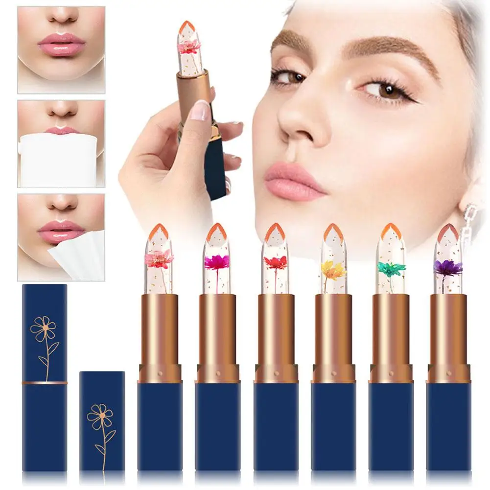 Crystal Flower Jelly Lipstick, Long Lasting Nutritious Lip Balm Lips Moisturizer Magic Temperature Color Change Lip Gloss
