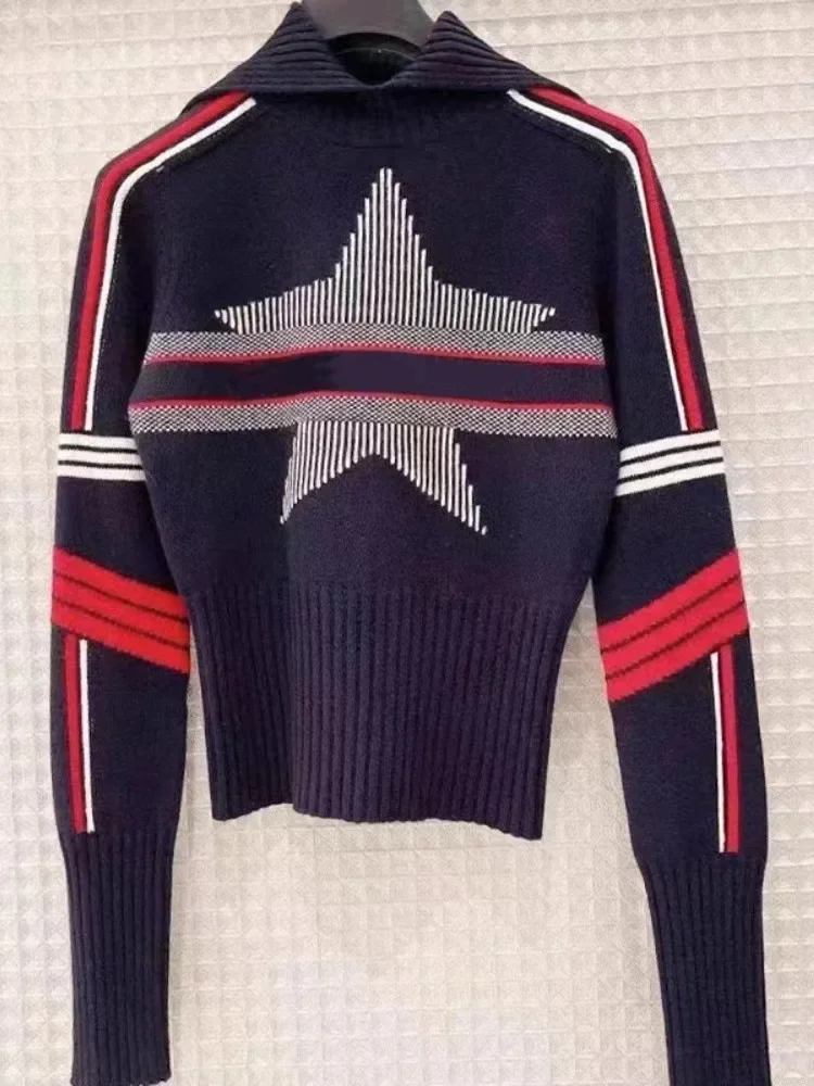 Striped Knitted Sweater for Women, Lapel, Five-point Star Embroidery, Slimming Fashion, Temperament, New, Autumn,