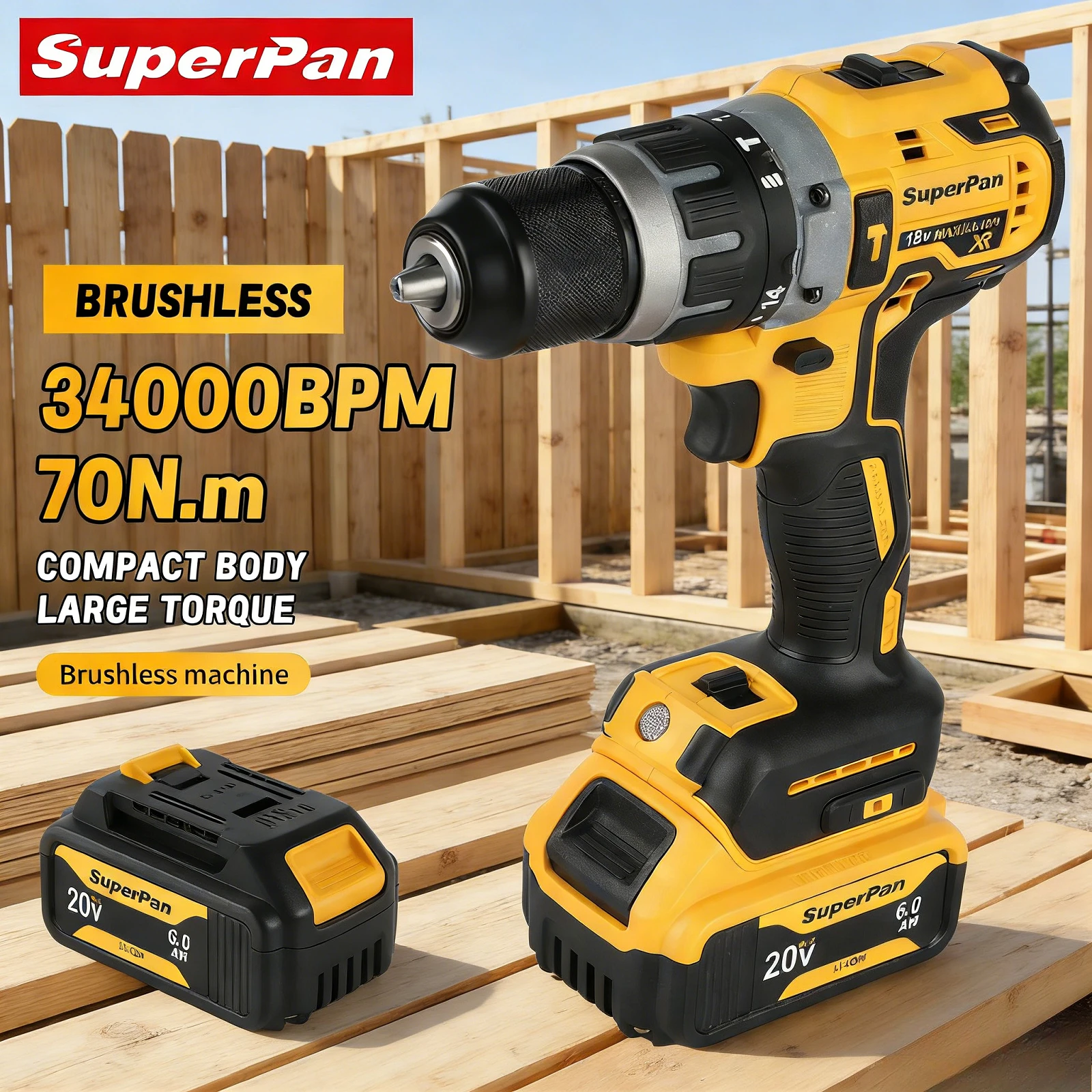 

SuperPan Compact 2200rpm Low Vibration DIY Side Table Installation Comfort Grip Brushless Drill For Dewalt 20V Battery Pin