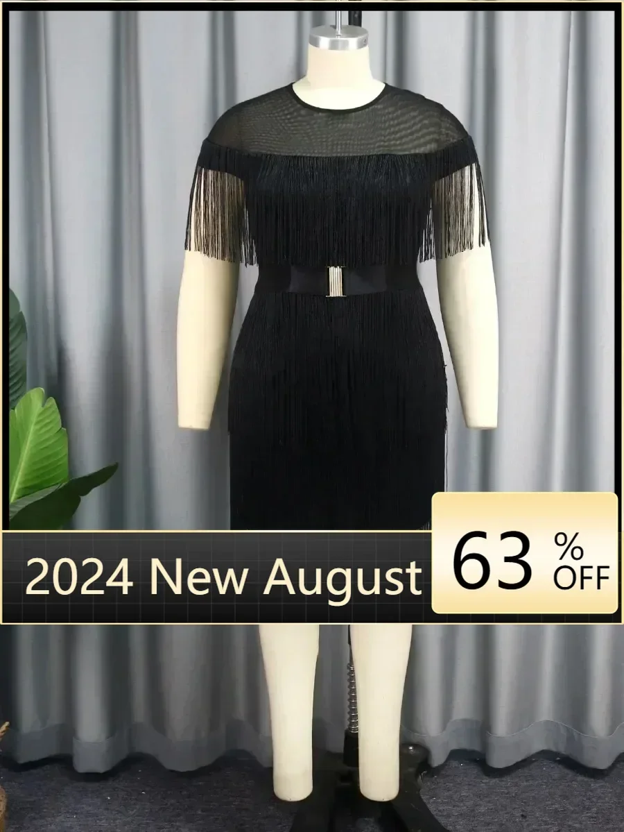 

Curve Women Black Fringe Dresses Crew Neck Summer High Waist Midi Tassel Dress Plus Size Cocktail Event Party Gowns with Belt