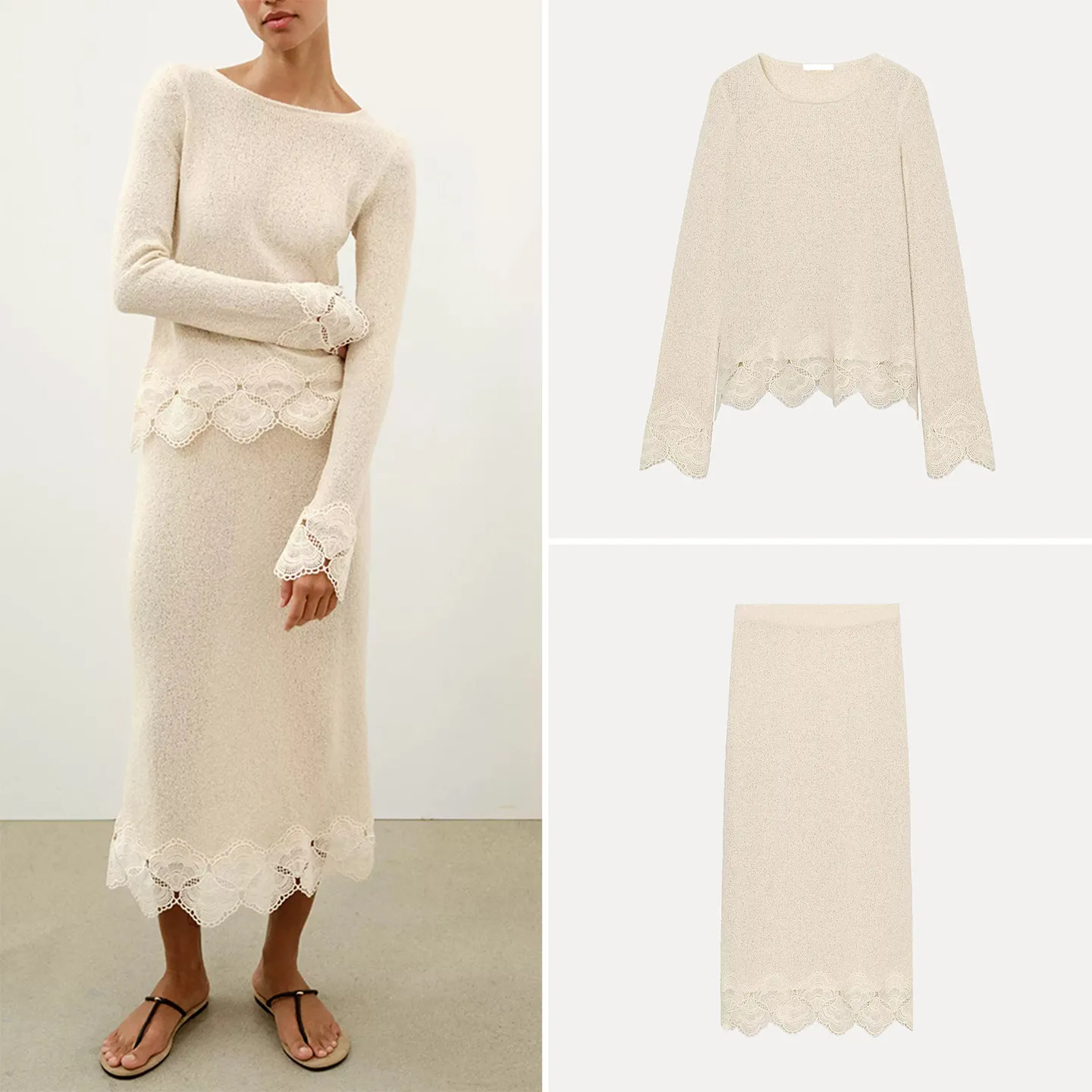 Women's Long Sleeve round Neck Holiday Style Top Elastic Waist Midi Skirt Two Piece Set Spring Summer Fashion Casual Outfit