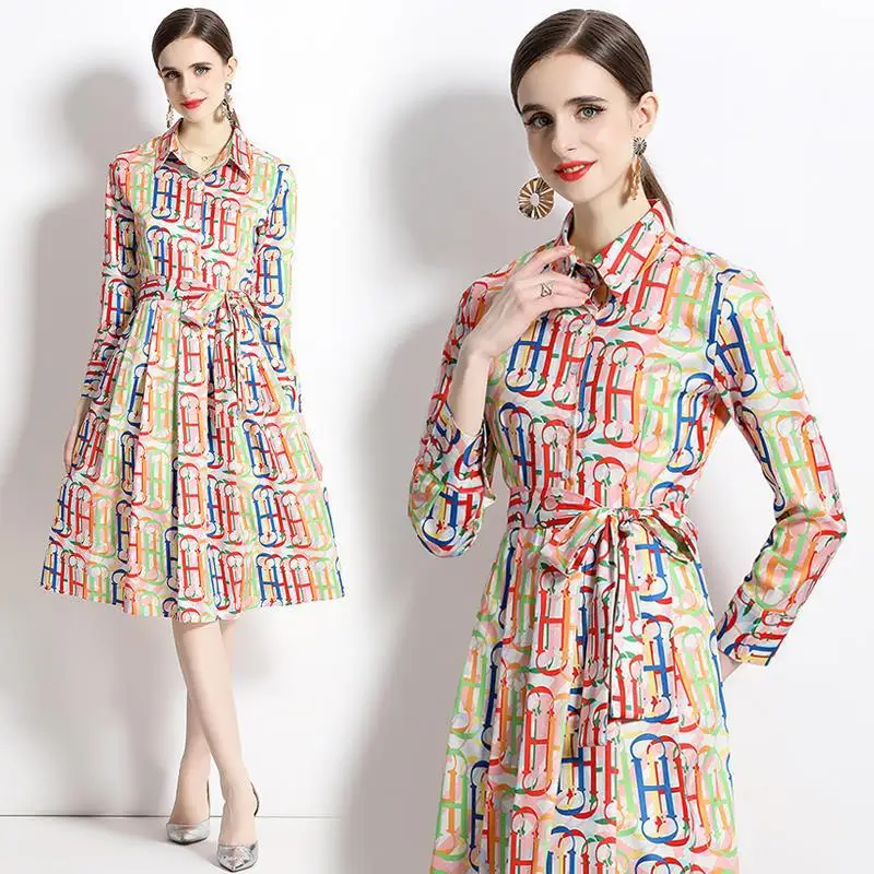 

CH Colorful Letter Print Long Sleeve Shirt Dress Belted Waist Button Front Flared Midi Dress Elegant Fashion Daily Wear