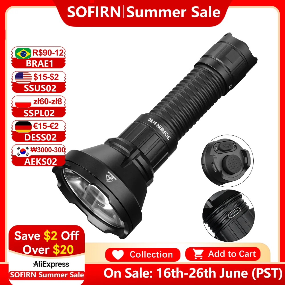 

Sofirn SF26 21700 Tactical Flashlight 2000lm 964m Long-Range USB C Rechargeable Torch with Double Tail Switch IPX-8