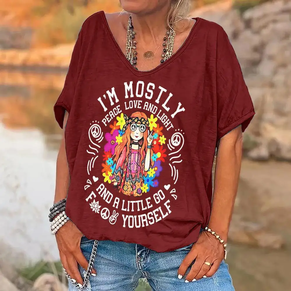 Old Hippies Women's T-Shirt Peace Love And Light Oversize Top Casual Short Pullover Sleeved V-Neck Tee Shirt Female Clothing