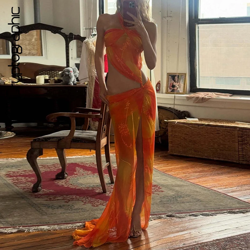 

Cryptographic Colorful Sexy Mesh Maxi Dress Halter High-Split Waistless Vacation Transparent Irregular Vestidos