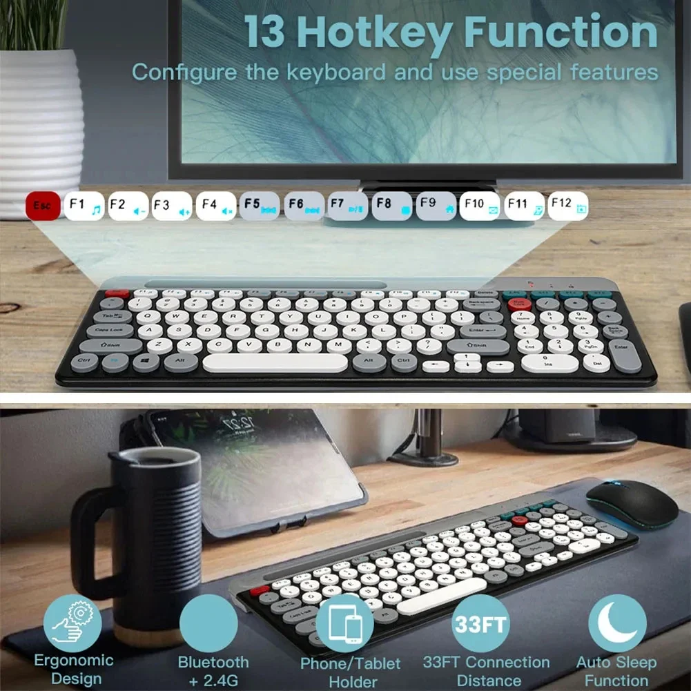 Wireless Keyboard And BT Mouse Set 125hz Multi-Device Mode With Phone Stand Compatible For Win 7 Or Later ParaMac OS