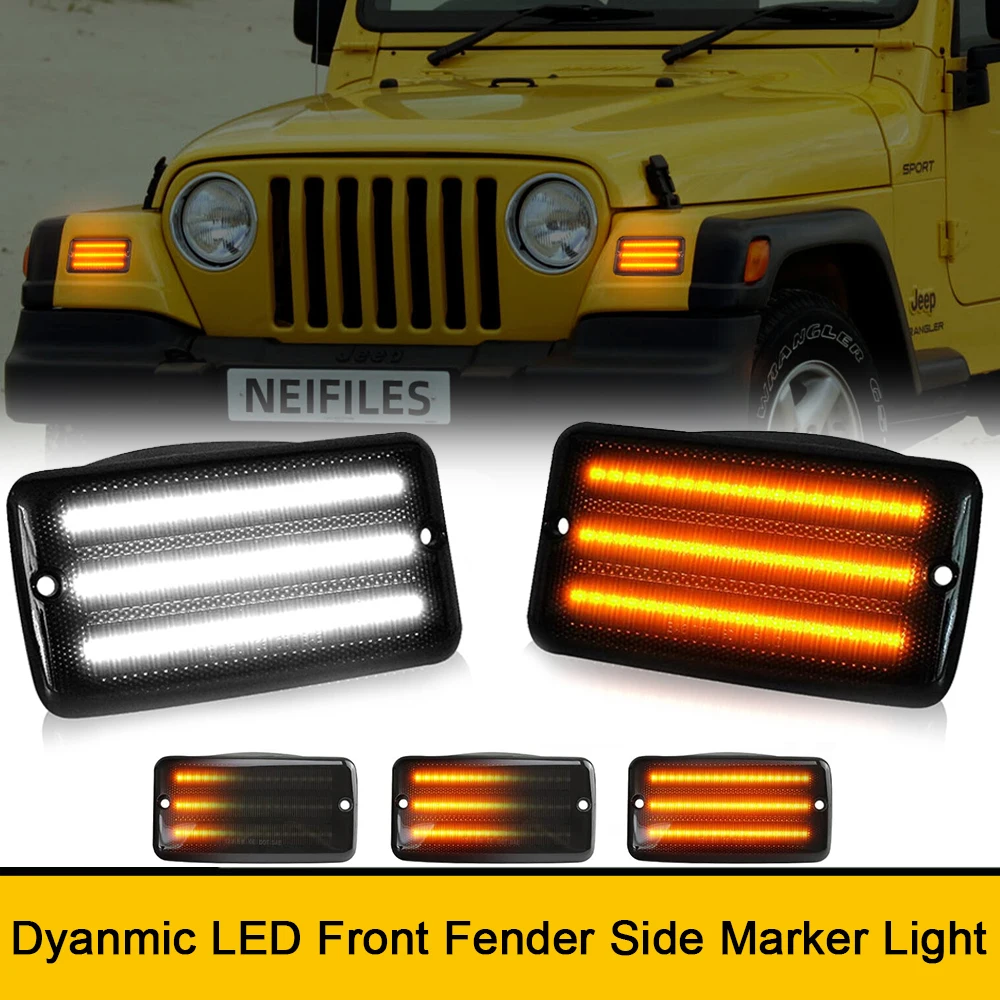 

For Jeep Wrangler TJ 1997-2006 LED Sequential Blinker Front Fender Side Marker Lights Flashing Turn Signal Lamp Smoked Amber