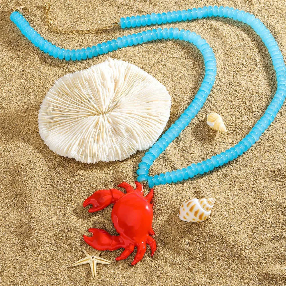 

Fashion Childishness Crab Necklace Boho Handmade Crab Beaded Pendant Necklace Beach Seaside Ocean Style Neck Chain Girls