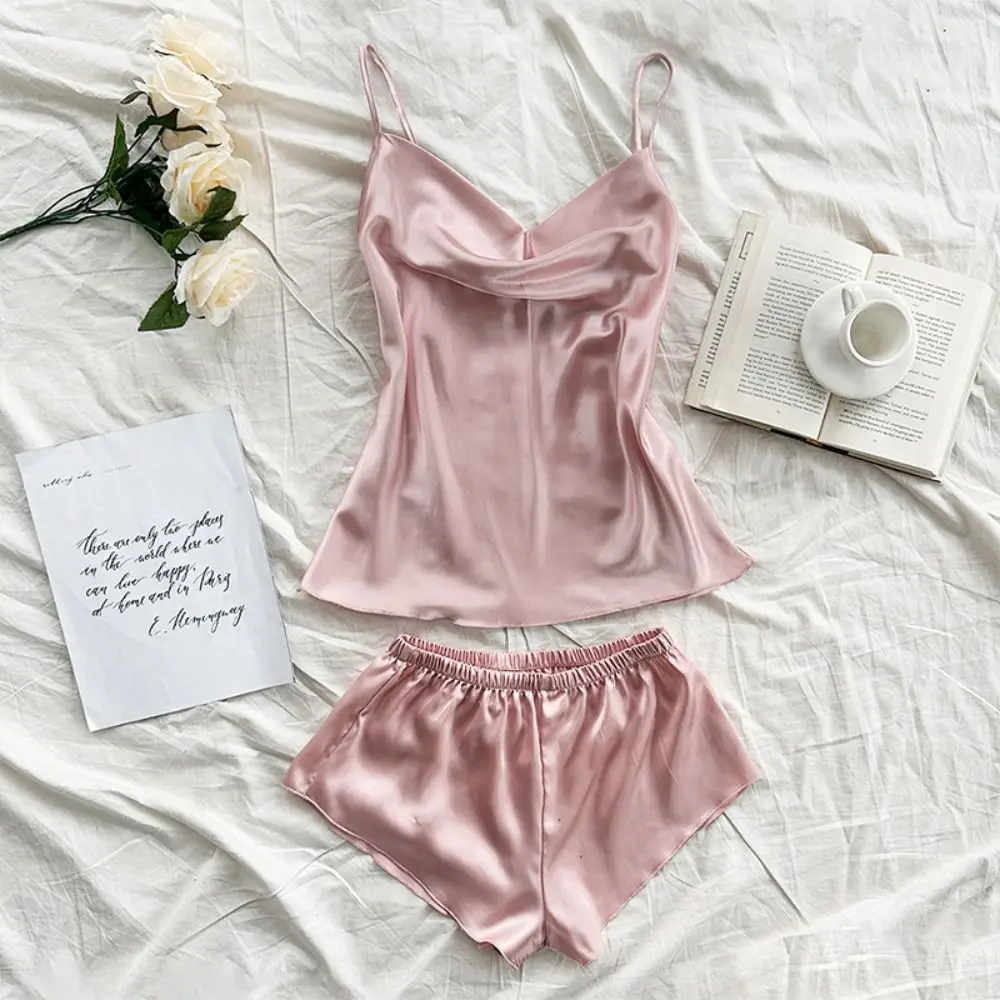 Sweet Sleeveless Sling Satin Silk Pajamas V-neck Loose Two Piece Nightwear Ice Silk Home Clothes Camisole Shorts Nightdress Girl