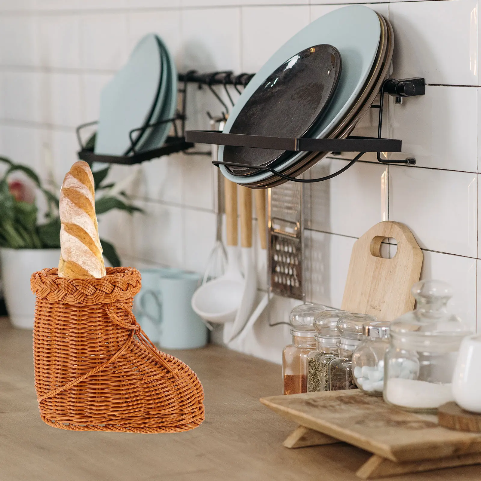 

1pc Imitation Rattan Woven Storage Basket Boot Shaped Bread Fruit Snack Holder Kitchen Organizer Sundries Desktop Weaving Box