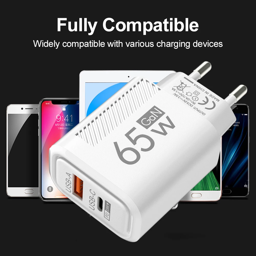 USB C Charger 65W GaN USB Charger Fast Charging Mobile Phone Chargers For iPhone 15 Xiaomi Samsung Adapter Type-C Wall Plug