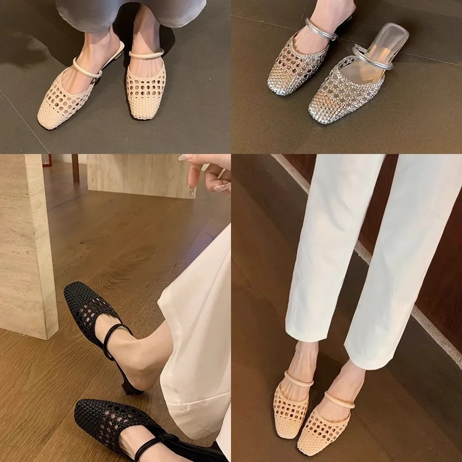 2024 donne francesi punta quadrata scava fuori maglia tacco basso mezze pantofole ragazza moda estate sandalo Sexy