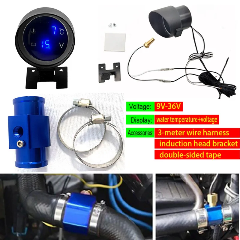 Automobile Circular Temperature Voltage 2-in-1 Temperature Sensor Table 1/8NPT Water Temperature Gauge Temperature Sensor 12/24V