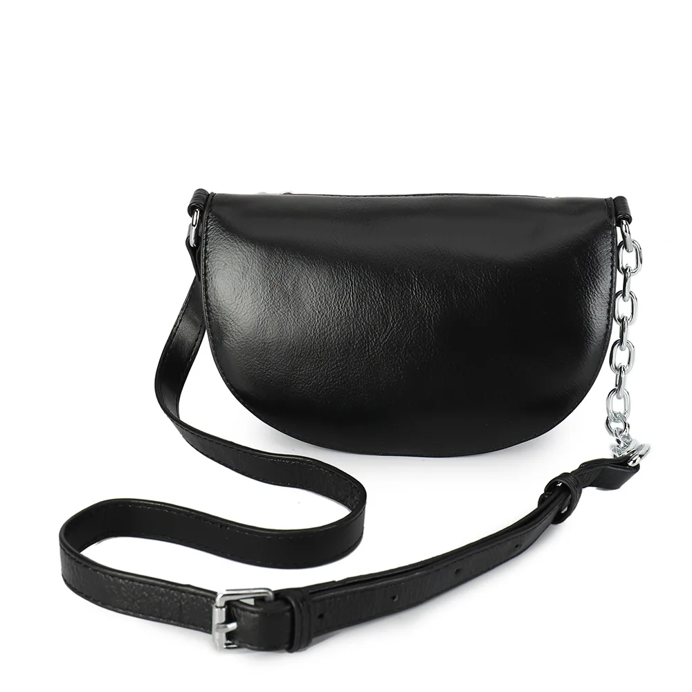 Bolso de pecho 100% de cuero de vaca genuino para mujer, bandolera de hombro, monedero de cadena de diseño de lujo, negro puro