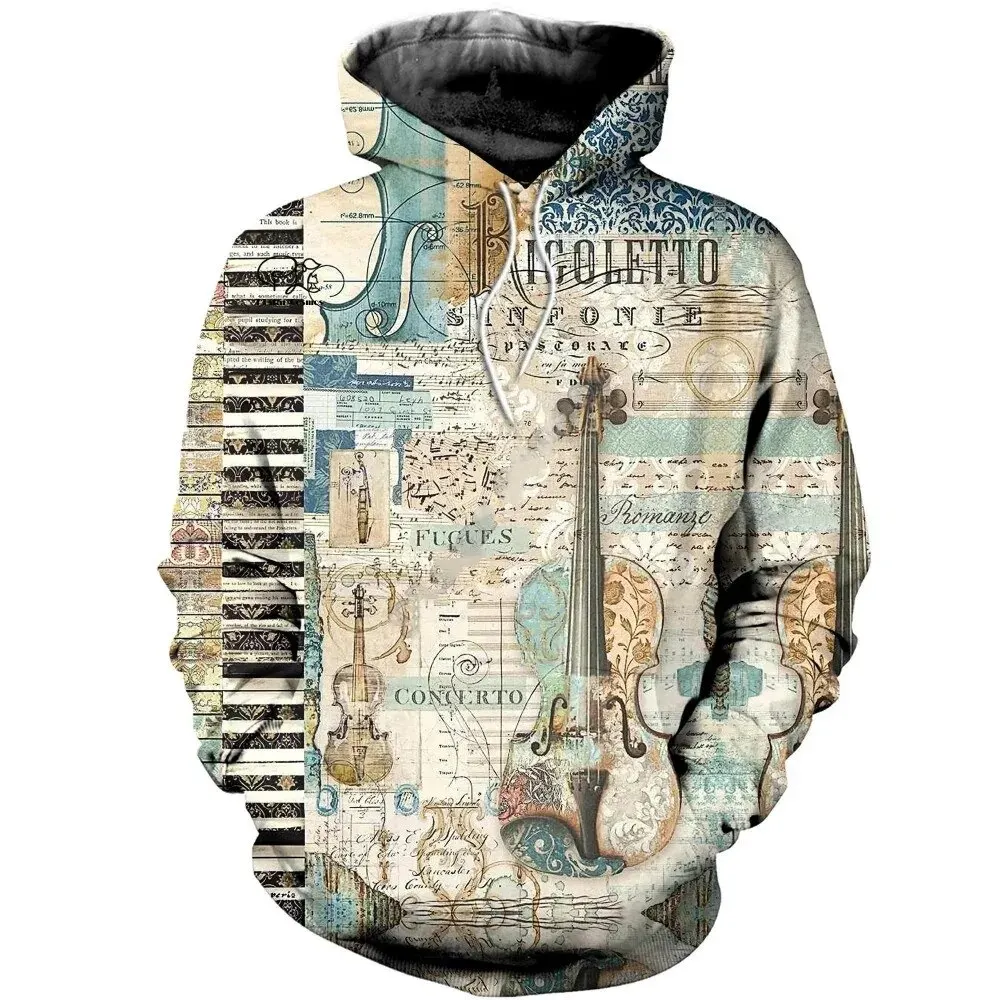 Vintage Men's Hoodie 3D Printed Musical Notes Hoodie Autumn Winter Men's Clothing Fashion Casual Streetwear Oversized Top