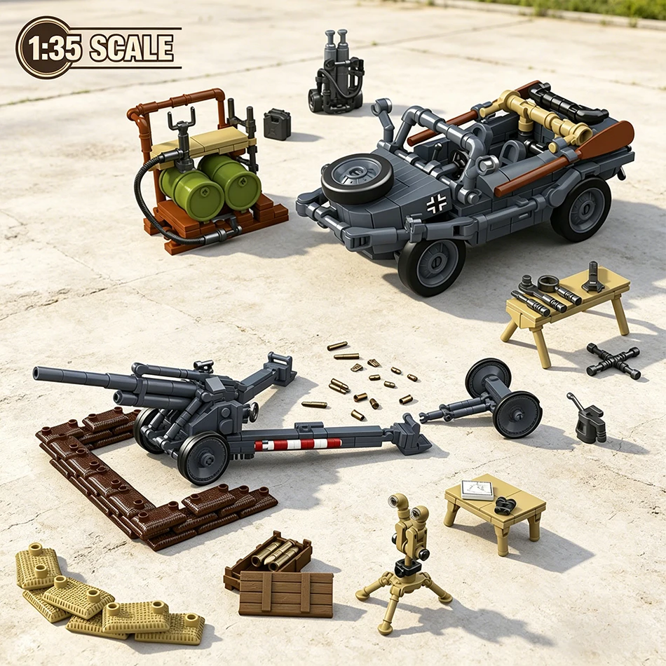 

WW2 Military 15 cm SFH 18 Heavy Field Howitzer Position Building Blocks German 166 Schwimmwagen Vehicle Bricks Toys Kids Gifts