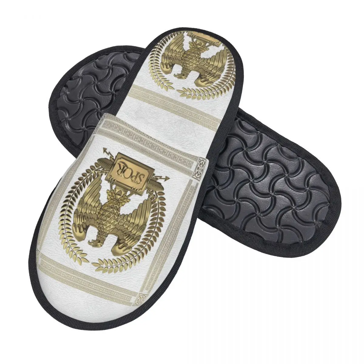 Custom Roman Empire SPQR Soft Memory Foam House Slippers Women Gold Imperial Eagle Over White Leather Cozy Warm Anti-skid Sole