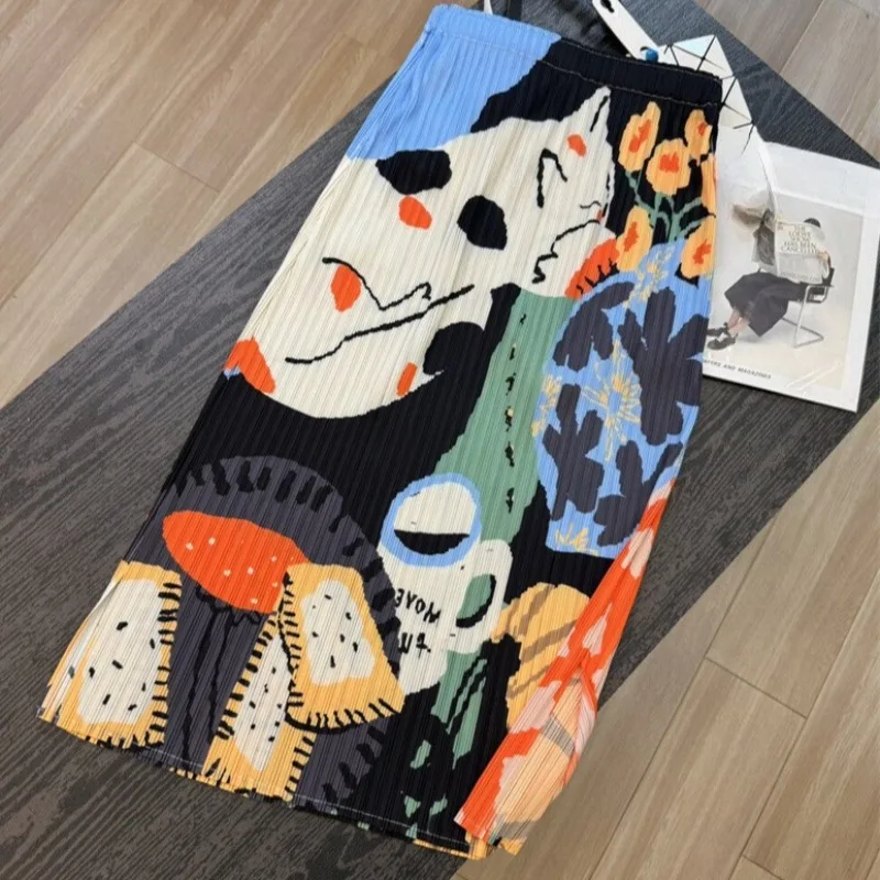 Plissierter Rock Sommer Neuer Cartoon-Print Dopamin-Farben Mode Einfacher Lässiger Künstlerischer Damen-Schlitzrock mit Drapierung A-Linien-Schnitt